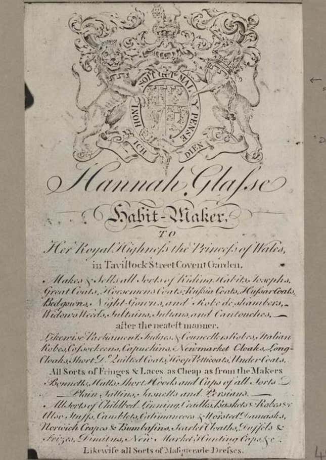 Hannah Glasse’s trade card from her habit-making days