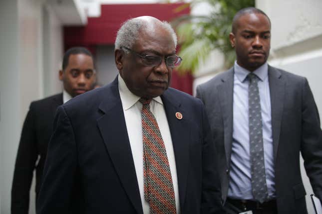 House Majority Whip Rep. James Clyburn (D-SC) arrives at a House Democrats meeting at the Capitol May 22, 2019 in Washington, DC. 