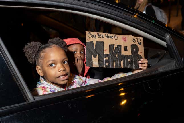 Children carry a sign at a Black Lives Matter protest as it makes it’s way through downtown in response to the police shooting of MaKhia Bryant on April 21, 2021 in Columbus, Ohio. The 16-year-old Black girl was shot and killed by police who had been called to the scene of a disturbance. (Photo by Stephen Zenner/Getty Images)