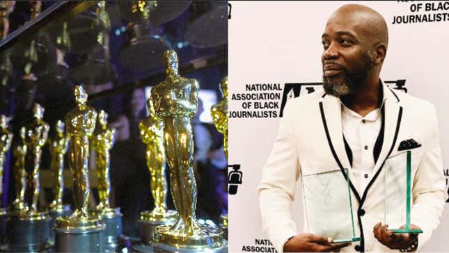 (L-R): In this handout provided by A.M.P.A.S., Oscar statues are seen backstage during the 91st Annual Academy Awards on February 24, 2019 in Hollywood, California. ; The Root’s Michael Harriot, cradling dual awards at the 2019 NABJ Awards.