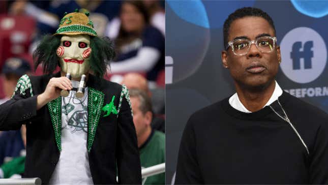 (L-R): A New York Jets fan takes in the game against the St. Louis Rams through a “Jigsaw” mask during the game on November 18, 2012 in St. Louis, Missouri. ; Chris Rock attends the ABC Walt Disney Television Upfront on May 14, 2019 in New York City.