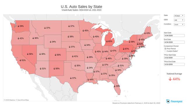 Image for article titled This Interactive Map Shows How Devastating Coronavirus Is On The American Car Market