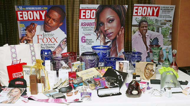 Ebony magazine covers on display among other Ebony-branded items at a magazine event in Beverly Hills in February 2005. A group of four foundations led by the J. Paul Getty Trust has bought the iconic Ebony and Jet photo archive. 