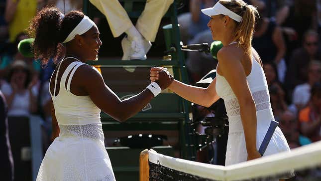 Serena Williams celebrating at the net after beating Maria Sharapova at Wimbledon July 9, 2015 