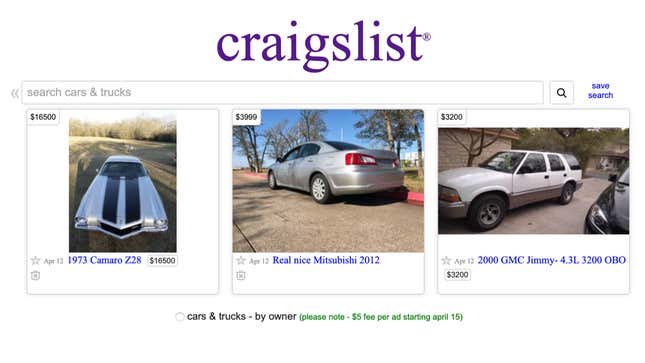 Craigslist Will Soon Start Charging 5 to List a Car for Sale