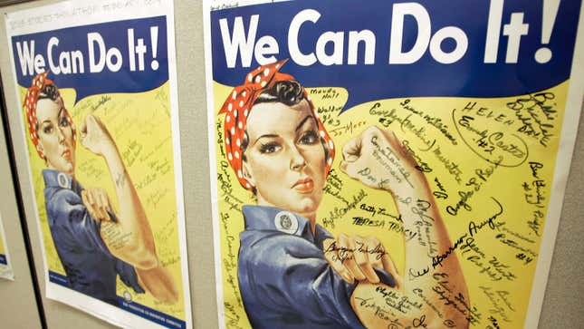 A poster showing signatures of former Rosie the Riveters is seen at the offices of the Rosie the Riveter/World War II Home Front National Historic Park in Richmond, Calif.