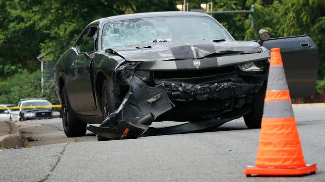 The car used by James Alex Fields Jr. to plow through a crowd of people protesting the white nationalist “Unite the Right” rally, killing Heather Heyer and injuring dozens more, is seen after the vehicle was stopped by police several blocks away on Aug. 12, 2017, in Charlottesville, Va. 