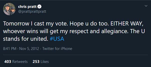 Tweet reads: Tomorrow I cast my vote. Hope u do too. Either way, whoever wins will get my respect and allegiance. The U stands for united. #USA