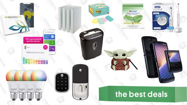 Image for article titled Sunday&#39;s Best Deals: Smart Home Products, At-Home DNA Ancestry Kits, Oral-B Guide Smart Toothbrush, Crest Whitestrips, Motorola Razr 5G, Baby Yoda AirPods Case, Office Supplies, and More