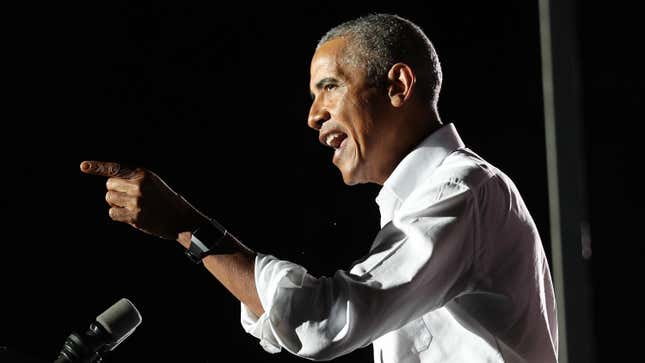 Former President Barack Obama speaks in support of Democratic presidential nominee Joe Biden during a drive-in rally on November 02, 2020.