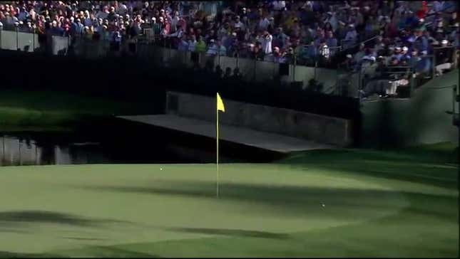 Tiger's Third Stroke At 15 Bounces Off Flagstick, Almost Goes Into Hole, Bounces Into Water Instead