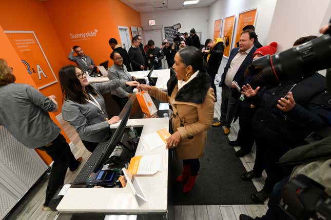 Illinois Lt. Gov. Juliana Stratton purchases recreational marijuana at Sunnyside dispensary Wednesday, Jan. 1, 2020, in Chicago.