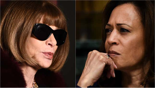 Anna Wintour during London Fashion Week on February 20, 2017 in London, England; Sen. Kamala Harris (D-CA) listens during a Senate Judiciary Committee confirmation hearing with professor Christine Blasey Ford on Capitol Hill, September 27, 2018 in Washington, DC.