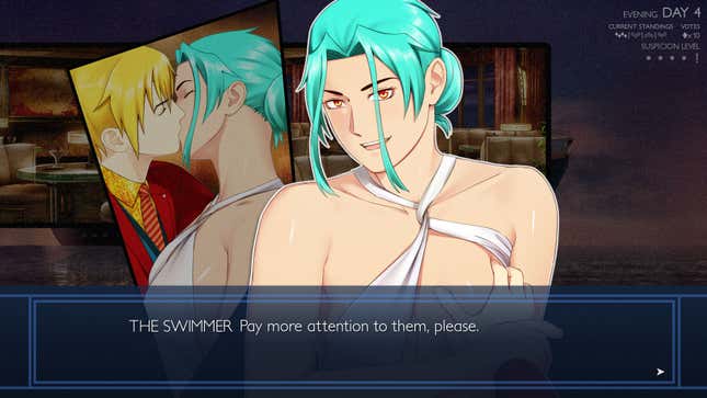 The player grabs a turquoise-haired woman's boobs and text reads "THE SWIMMER: Pay more attention to them, please."