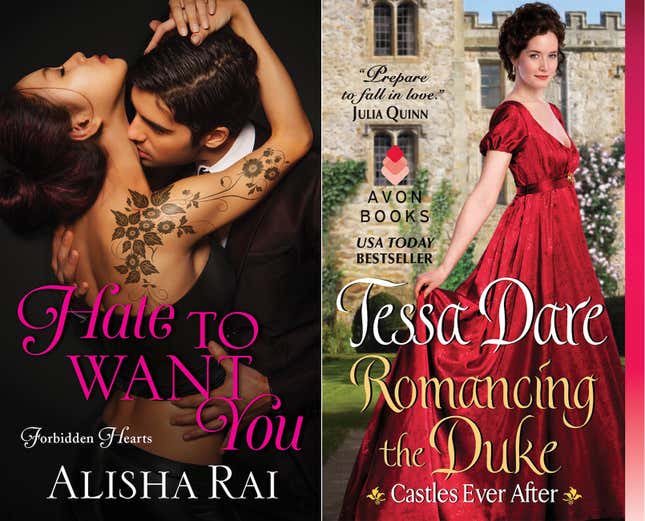 Right: The 2014 opener to Tessa Dare’s series about young women who inherit castles and therefore the resources to take charge of their own fates. Left: Preview of the cover for contemporary author Alisha Rai’s July 2017 Avon debut.
