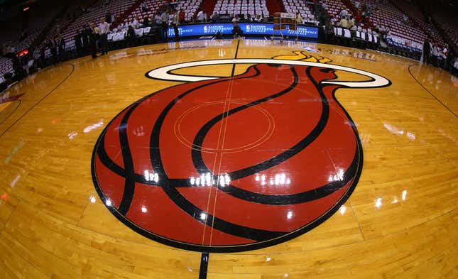 A view of the Miami Heat logo on the court during Game One of the Eastern Conference Finals between the Miami Heat and the Indiana Pacers at AmericanAirlines Arena on May 22, 2013 in Miami, Florida. 