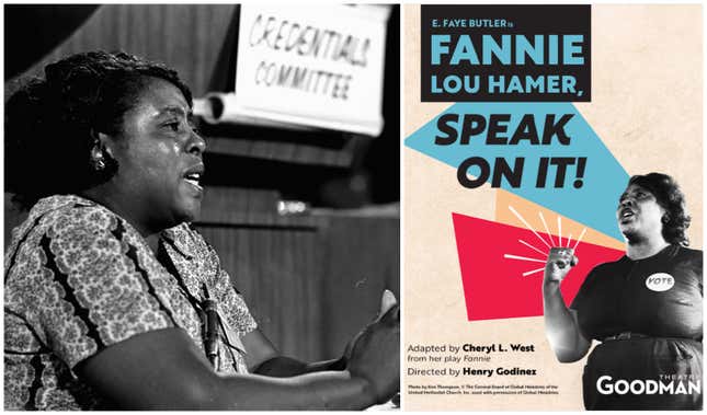 On Aug. 22, 1964, Fannie Lou Hamer, left, a leader of the Freedom Democratic Party, speaks before the Democratic national convention in Atlantic City, N.J.; the Goodman Theatre’s promotional poster for Fannie Lou Hamer, Speak on It!