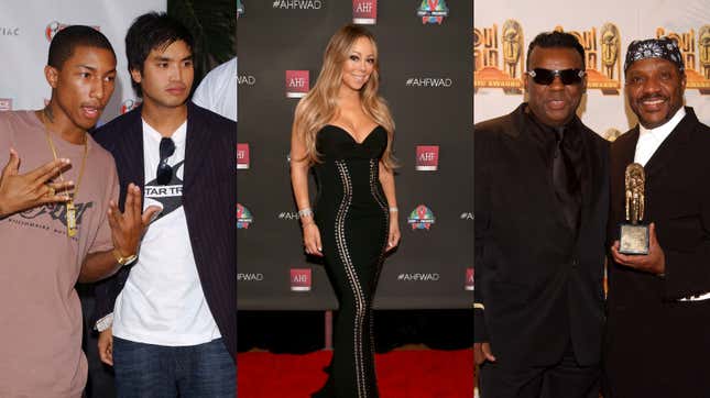 Pharrell Williams, left, and Chad Hugo of the Neptunes arrive at The Source Hip-Hop Music Awards 2003 on October 13, 2003 in Miami, Florida.; Mariah Carey attends the AHF World AIDS DAY Concert and 30th Anniversary Celebration on November 30, 2017 in Los Angeles, California. ; Isley Brothers pose in the press room at the Soul Train Music Awards March 20, 2002 in Los Angeles, CA.