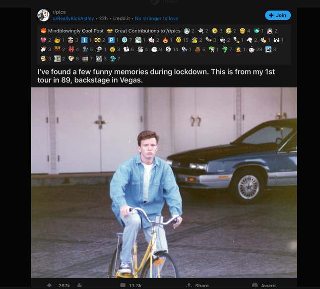 Rick Astley getting rickrolled was Reddit's most upvoted post in 2020