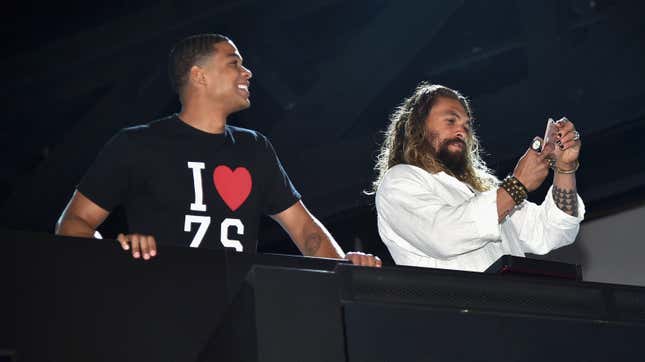 Ray Fisher, left, and Jason Momoa during the “Justice League” autograph signing at Comic-Con International 2017 on July 22, 2017 in San Diego, California. 