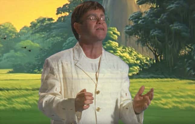 Image for article titled 10 Iconic Screenshots from Elton John's 'Can You Feel the Love Tonight' Video