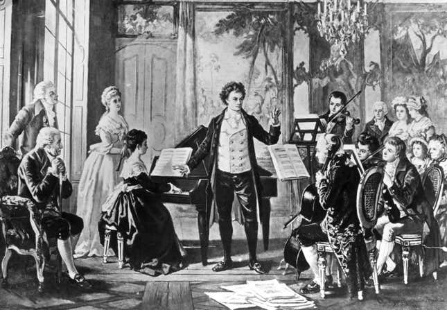 Ludwig Van Beethoven with the Rasowmowsky Quartet, drawn by the artist Borckmann. 