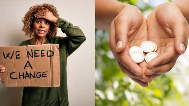 Young African American activist woman asking for change holding banner with message stressed with hand on head, shocked with shame and surprise face, angry and frustrated. ; close up of woman’s cupped hands showing euro coins