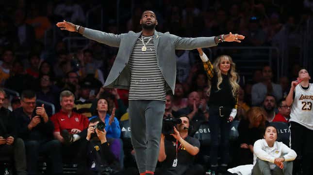  LeBron James of the Los Angeles Lakers celebrates after a play against the Utah Jazz during the second half of a game in Los Angeles April 7, 2019. 