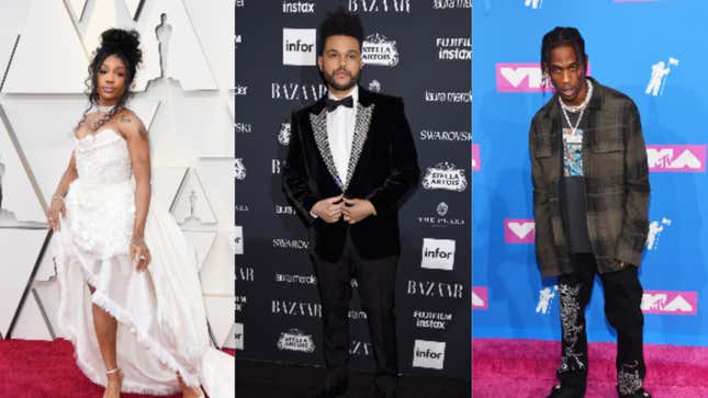 (L-R): SZA attends the 91st Annual Academy Awards on February 24, 2019 in Hollywood, California. The Weeknd attends Harper’s BAZAAR Celebration of ‘ICONS By Carine Roitfeld’ on September 8, 2017 in New York City. Travis Scott attends the 2018 MTV Video Music Awards on August 20, 2018 in New York City.