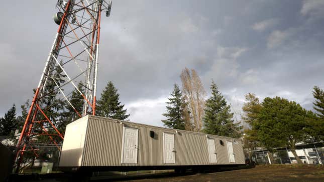 A radio tower behind a modular trailer in King County, Seattle, WA., March 3, 2021.