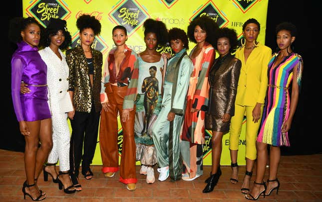 Models attend 2018 Essence Street Style Festival on September 9, 2018 in Brooklyn City.