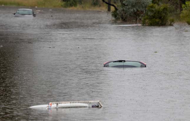 Vehicles are submerged in a flooded yard near Londonderry on the western outskirts of Sydney.