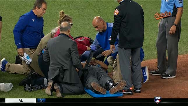Dale Scott Immobilized, Taken Off Field On Stretcher After Taking Foul Tip To The Face