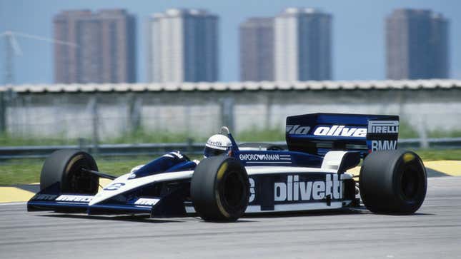 Elio de Angelis drives the Brabham BT55 BMW Lowline during practice for the 1986 Brazilian Grand Prix at the old Jacarepaguá circuit in Rio de Janeiro. The track was demolished in 2012.