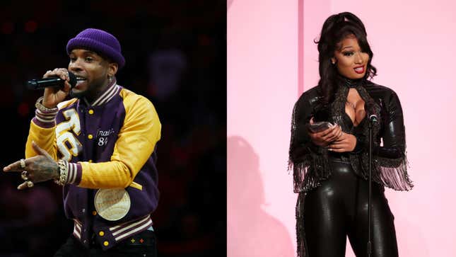 Torey Lanez, left, performs during Game Five of the 2019 NBA Finals on June 10, 2019 in Toronto, Canada.; Megan Thee Stallion accepts the Powerhouse Award onstage during Billboard Women In Music 2019, on December 12, 2019 in Los Angeles, California. 