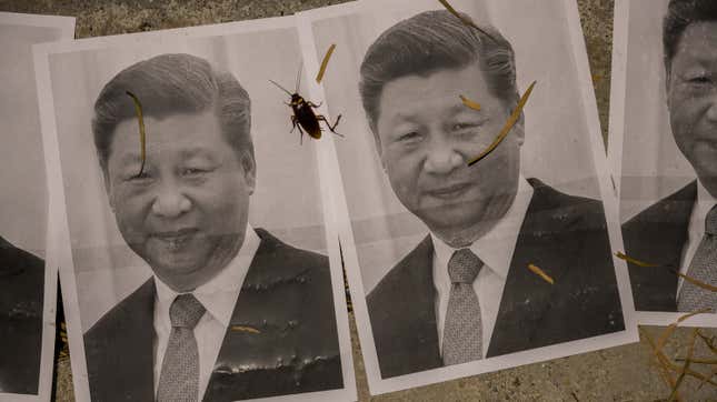 Posters of Xi Jinping seen during a rally to support imprisoned Uyghurs at the Chinese University of Hong Kong on September 25, 2019 in Hong Kong.