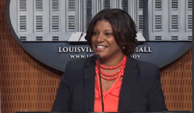 Yvette Gentry speaks at a news conference on September 7, 2020, after being introduced by Mayor Greg Fischer as the Louisville Metro Police Department’s new interim police chief.