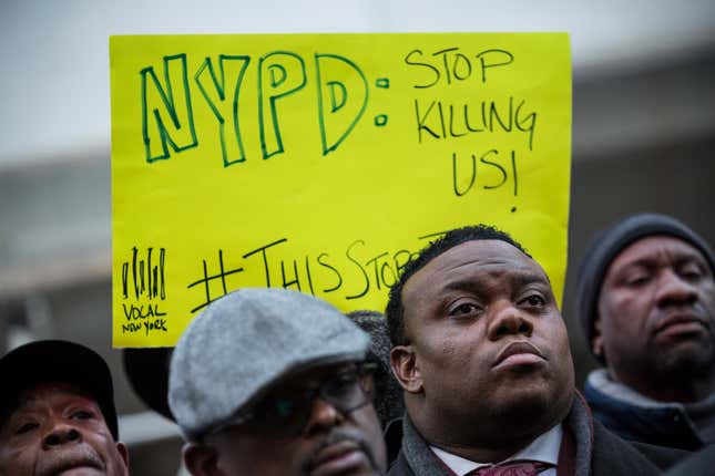 Faith leaders from communities throughout New York City lead a demonstration and prayer vigil on the steps of City Hall in protest to the Staten Island, New York grand jury’s recent decision not to indict a police officer involved in the chokehold death of Eric Garner in July on Dec. 12, 2014, in New York City. 