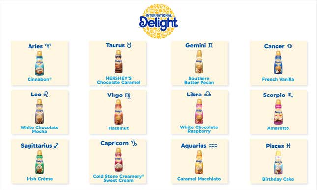 Image for article titled Last Call: What does your zodiac sign say about your taste in coffee creamer?