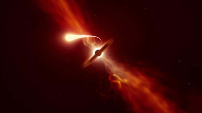 Artist’s impression of a star undergoing spaghettification near a supermassive black hole. 