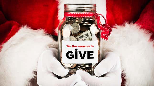 Santa holding charity jar