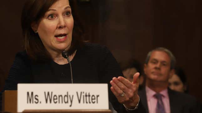 Wendy Vitter, during her Senate confirmation hearing April 11, 2018. At right, listening, is her husband, former U.S. Sen. David Vitter.