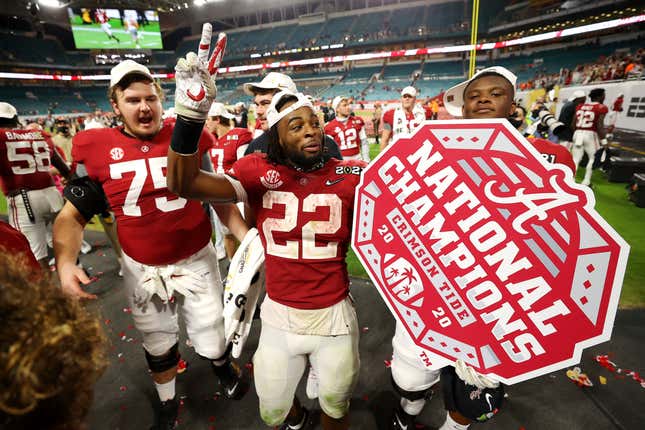 Najee Harris #22 of the Alabama Crimson Tide celebrates following the College Football Playoff National Championship game win over the Ohio State Buckeyes at Hard Rock Stadium on January 11, 2021 in Miami Gardens, Florida.