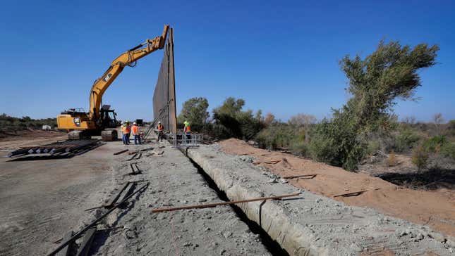 A portion of the Pentagon-funded border wall being installed along the Colorado River in Yuma, Arizona.