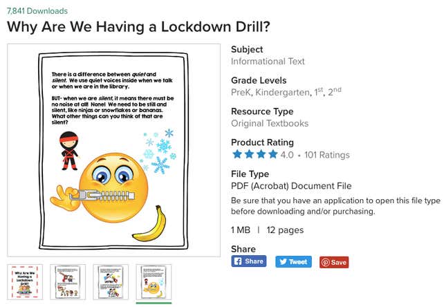 An educational story about lockdown drills, for sale on the site Teachers Pay Teachers