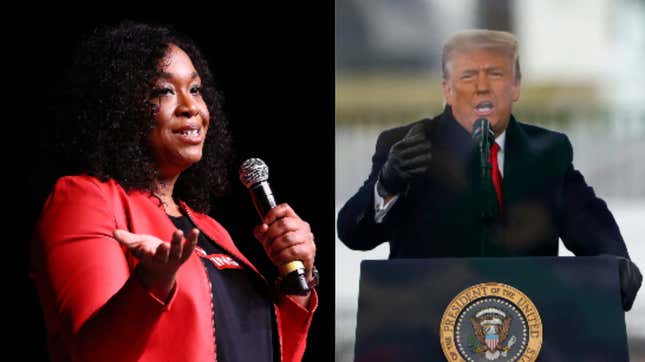 Shonda Rhimes speaks onstage at the LA Promise Fund’s Girls Build Leadership Summit 2018 on September 28, 2018; President Donald Trump speaks at the “Stop The Steal” Rally on January 06, 2021.