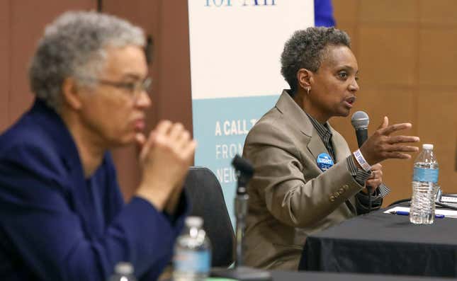 Chicago mayoral hopefuls Toni Preckwinkle and Lori Lightfoot at a March 2019 forum.