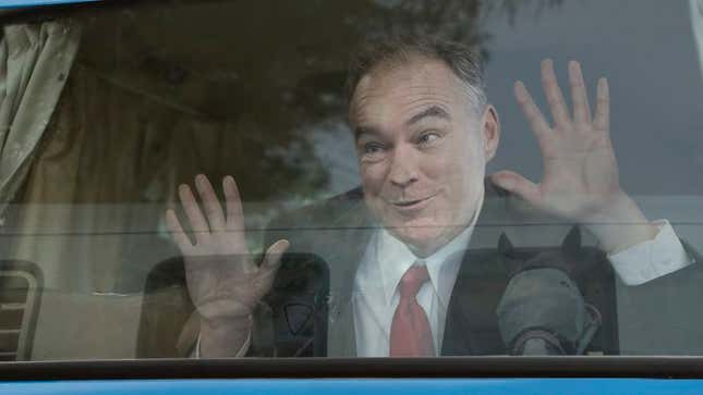 Image for article titled Giddy Tim Kaine Presses Face Against Campaign Bus Window As Horse Trailer Drives By