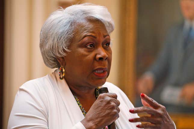 Senate President Pro Tempore, Sen. Louise Lucas speaks during a debate on the Senate floor at the Capitol Sunday, March 8, 2020, in Richmond, Va. 