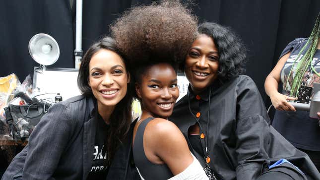 Hair Expert Ursula Stephen (right) poses with Studio 189 co-founder Rosario Dawson and model Damaris Lewis backstage for TRESemme at Studio 189 during NYFW on Sept. 10, 2019, in New York City.